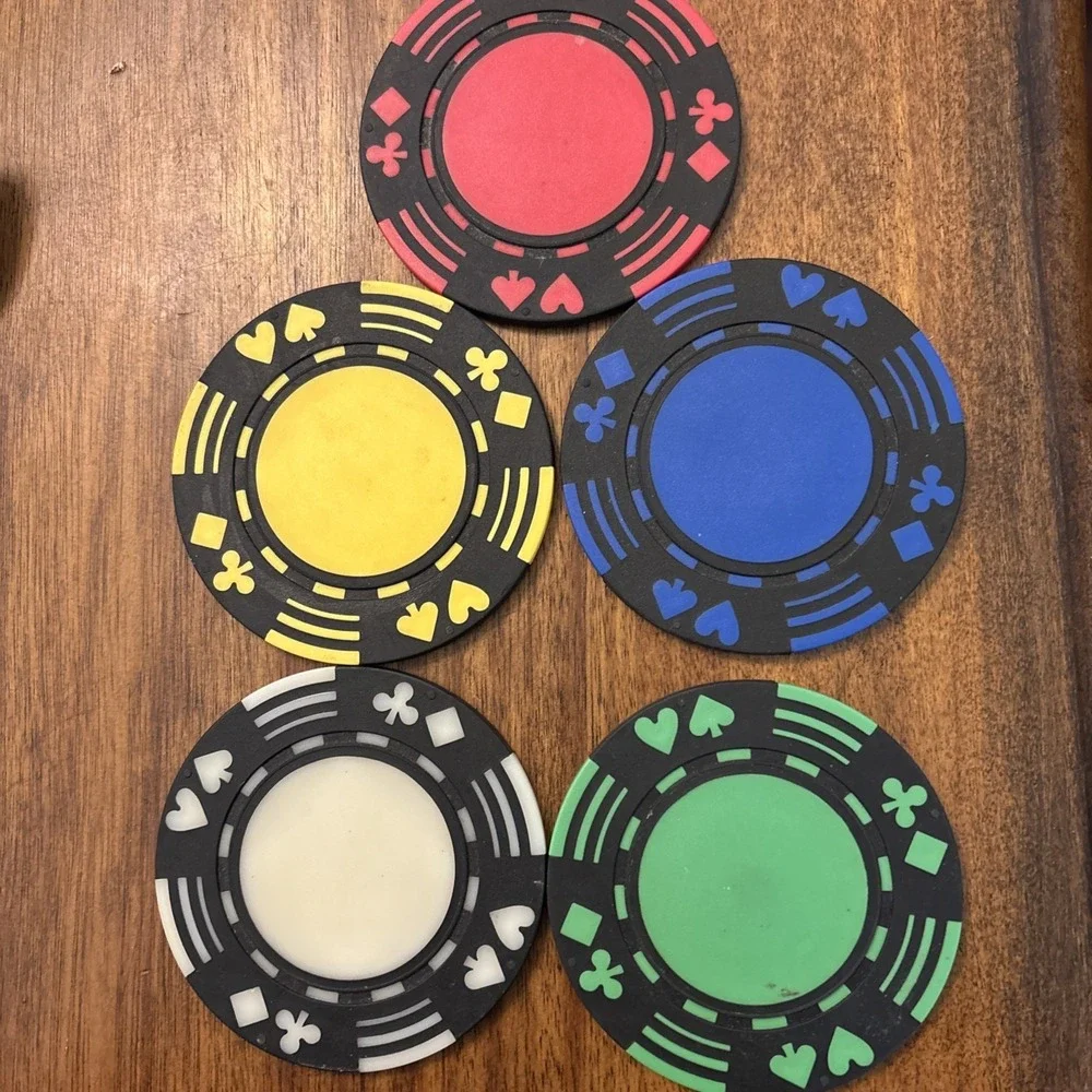 5 Poker Chip‎ Drink Coasters Beverage Casino Red Green Yellow Blue White